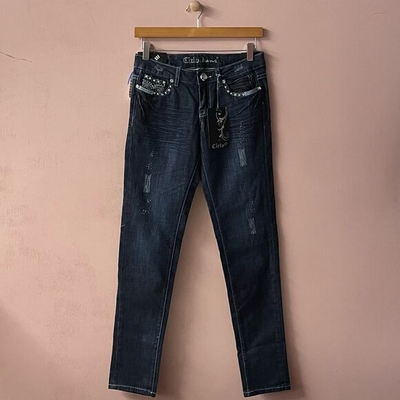 Vintage Cielo Y2K Dark Wash Blue Bejeweled Pocket Low Rise Skinny Jeans Sz 5 NWT - Picture 9 of 12